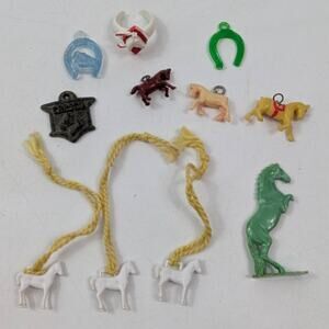 Lot Of 11 Vintage Horse Charms & Western Toys Plastic Metal British Marked